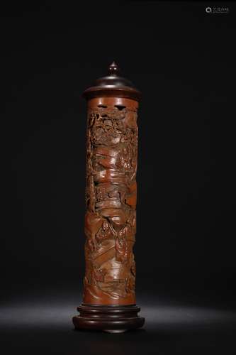 A  Bamboo Carved Character Story Canister  Chinese Qing Dyna...