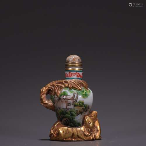 A  Glassware Gold-painted Sheep-stand Landscape Snuff Bottle...