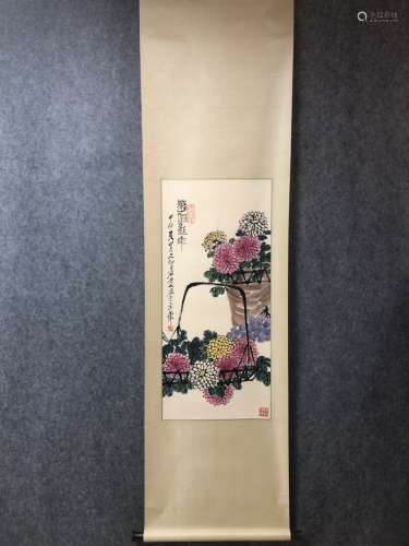 A Vertical-Hanging Flowers  Chinese Ink Painting by Qi Baish...