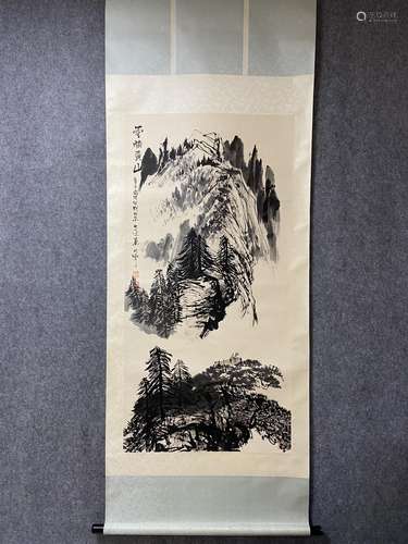 A Vertical-Hanging Landscape Chinese Ink Painting by Qin Lin...