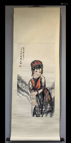 A Vertical-Hanging Tibetan Girl Chinese Ink Painting by Liu ...