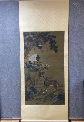 A Vertical-hanging Deer and Crane Chinese Ink Painting