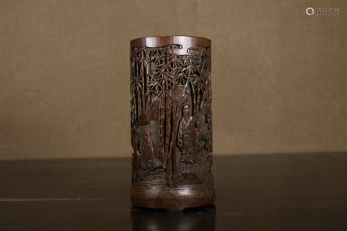 A  Character Story Pattern Bamboo Carved Brush Pot    Chines...