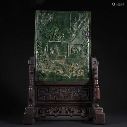 A Jasper Character Story Table Screen   Chinese Qing Dynasty