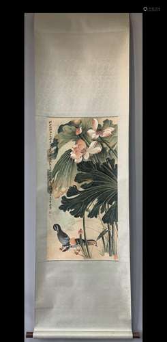 A Vertical-hanging FLower and Bird Chinese Ink Painting by Z...