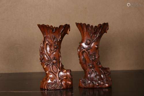 A Pair of Boxwood Wintersweet Pattern Vases   Chinese Qing D...