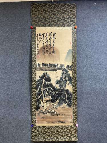 A Vertical-hanging Landscape and Pavilion Chinese Ink Painti...