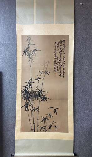 A Vertical-Hanging Bamboo Chinese Ink Painting by Zheng Banq...