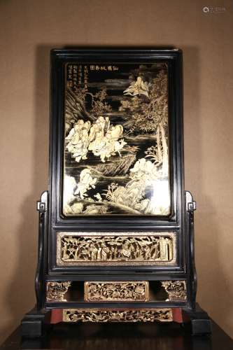 A  Rosewood Lacquer 'God Prays for Longevity' Table Screen  ...
