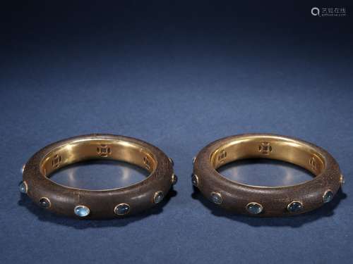 A Pair of Eaglewood Gilt Silver Inlaid Jade Bracelets  Chine...