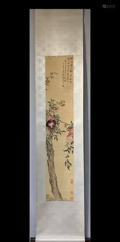 A Vertical-Hanging FLowers Chinese Ink Painting by Hua Yan