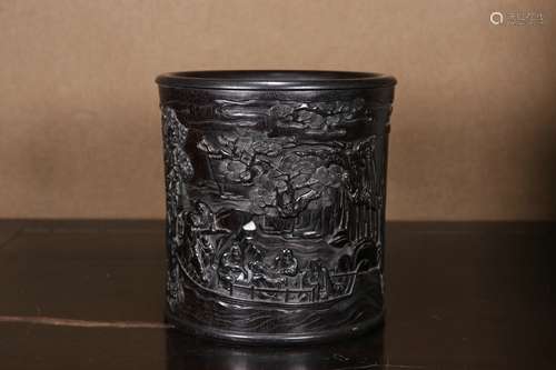 A  Rosewood under Pine Tree Character Brush Pot    Chinese Q...