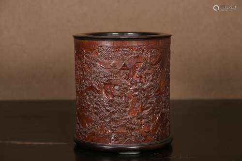 A  Bamboo Carved Character Story Brush Pot    Chinese Qing D...