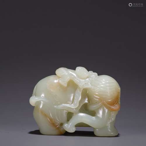 A Hetian Jade ‘Kid Plays with Elephant’Ornament Chinese Qing...