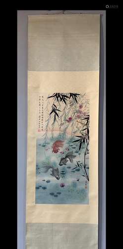 A Vertical-hanging Goldfish Chinese Ink Painting by Song Mei...