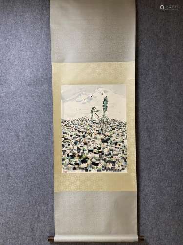 A Vertical-hanging Village Chinese Ink Painting  by Wu Guanz...