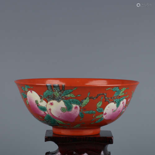 A Red Famille Rose Peach Pattern Bowl  Yong Zheng  Period of...