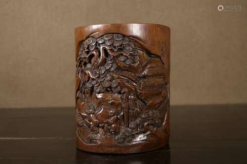 A  under Pine Tree Character Pattern Bamboo Carved Brush Pot...