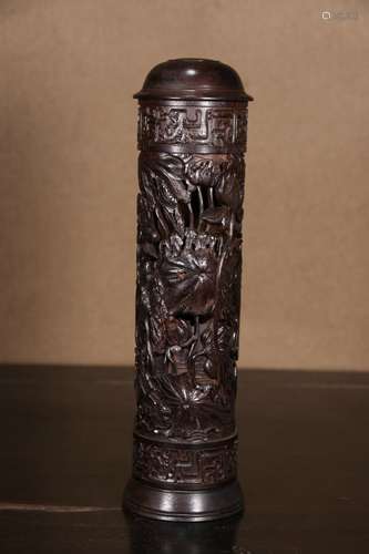 A  Rosewood Hollow Flowers Pattern Canister  Chinese Qing Dy...