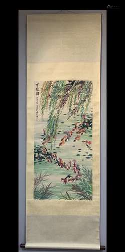 A Vertical-Hanging Fish Chinese Ink Painting by Wang Yachen