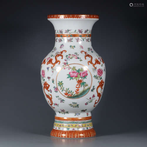 A Famille Rose Flowers Dragon Pattern Gold-painted Zun Bottl...