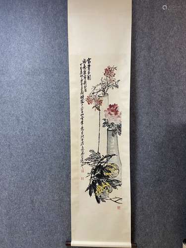 A Vertical-Hanging Flowers  Chinese Ink Painting by Wu Chang...