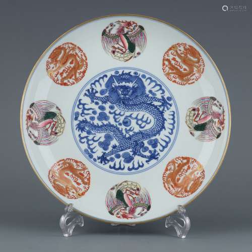 A White and Blue Famille Rose Gold-painted Dragons and Phoen...