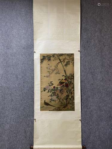 A Vertical-hanging FLower and Bird Chinese Ink Painting by Y...