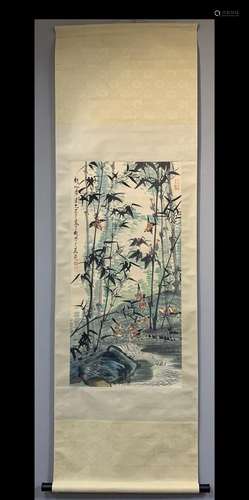 A Vertical-Hanging Bamboo Chinese Ink Painting by Tang Yun