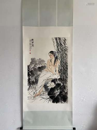 A Vertical-Hanging Character Chinese Ink Painting by He Jiay...