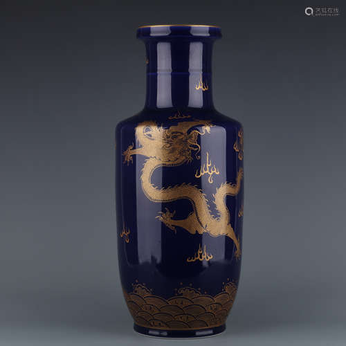 A Blue Glaze Gold-painted 'Fish Becomes Dragon' Bottle  Kang...