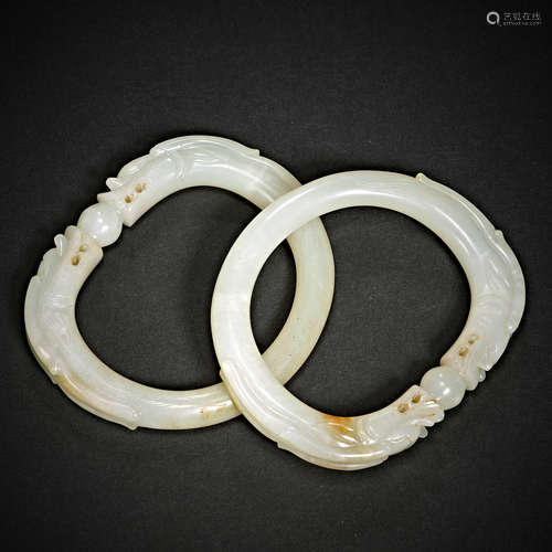 Ming Dynasty, Hetian Jade, A pair of white jade bracelet