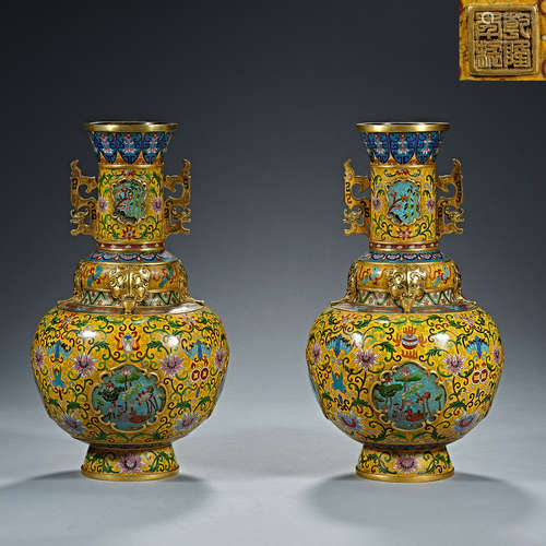 Qing Dynasty Qianlong, yellow bottom, Cloisonne, Vase