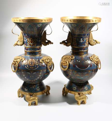 Pair Of Cloisonne Gold Gilded Bottles, China