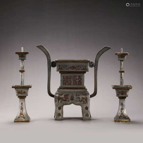 A GROUP OF CHINESE QING DYNASTY PURE TIN THREE TRIBUTES
