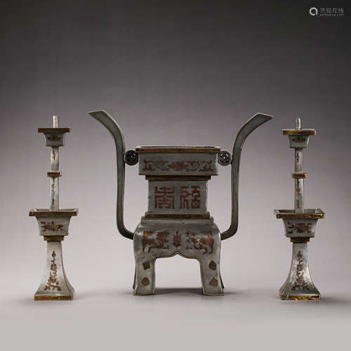 A GROUP OF CHINESE QING DYNASTY PURE TIN THREE TRIBUTES