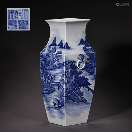 CHINESE QING DYNASTY QIANLONG PERIOD BLUE AND WHITE LANDSCAP...