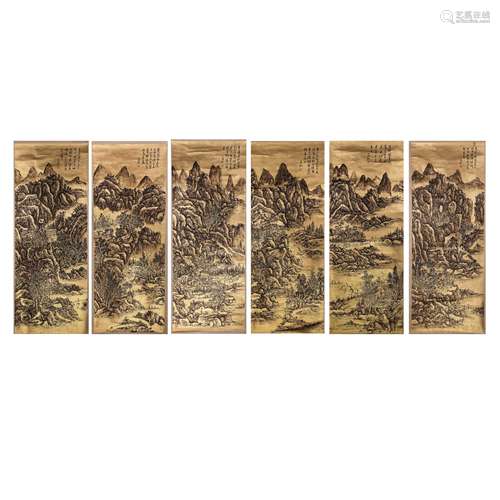 ANCIENT CHINESE CALLIGRAPHY AND PAINTING, SIX HANGING SCREEN