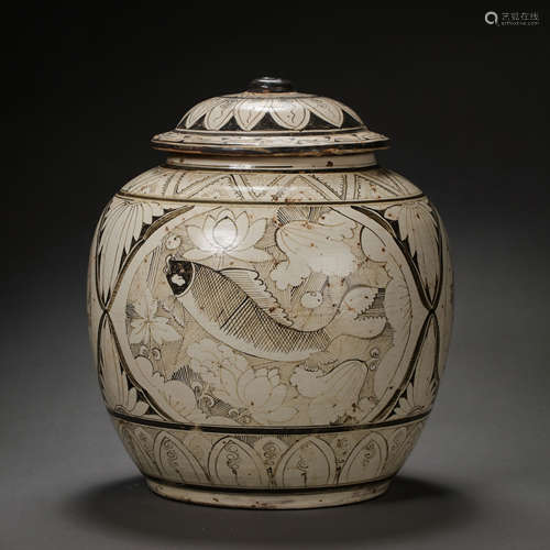 CHINESE SONG DYNASTY CIZHOU WARE LID JAR WITH BLACK FLOWER A...