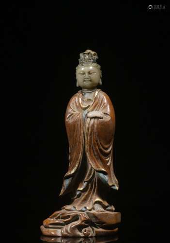 Chinese Bamboo Carved Guanyin w Jade Inlaid