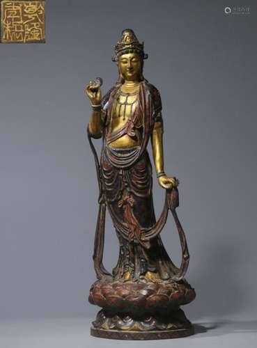 Chinese Gilt Bronze Standing Guanyin Statue