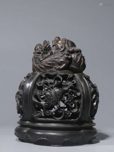 Chinese Zitan Wood Carved Censer w Lion Finial