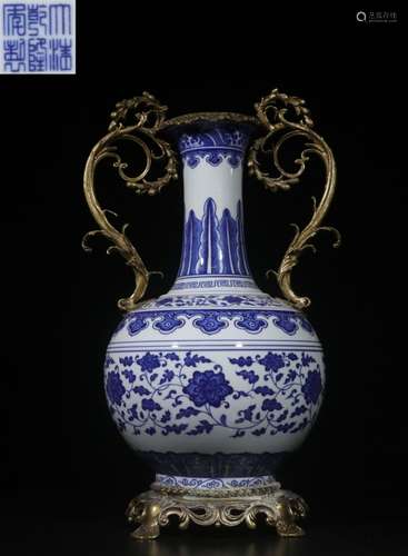 Chinese Blue&White Porcelain Vase w Bronze Mount