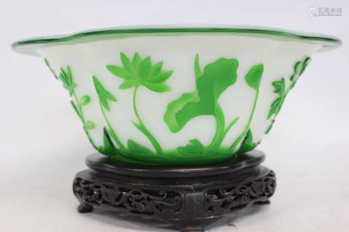 Chinese Green Overlaid Glass Bowl on Stand