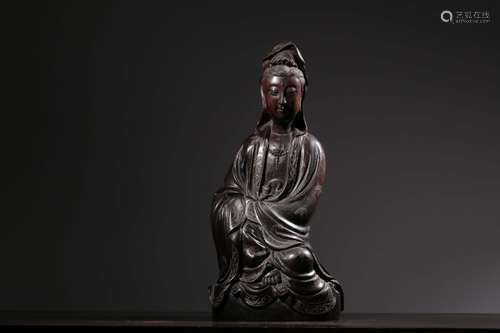 Chinese Zitan Wood Carved Guanyin,Silver inlaid