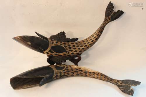 Pair of Cow Horn Carved Fishes