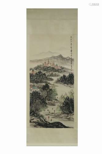 Chinese Ink Color Landscape Painting w Calligraphy