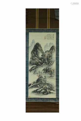 Chinese Ink Color Scroll Painting w Calligraphy