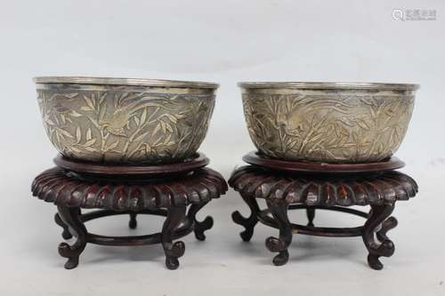 19th.C Chinese Engraved Silver Bowl on Wood Stand