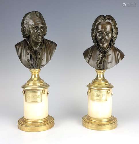 Antique Pair French Bronze Busts Voltaire & Rameau